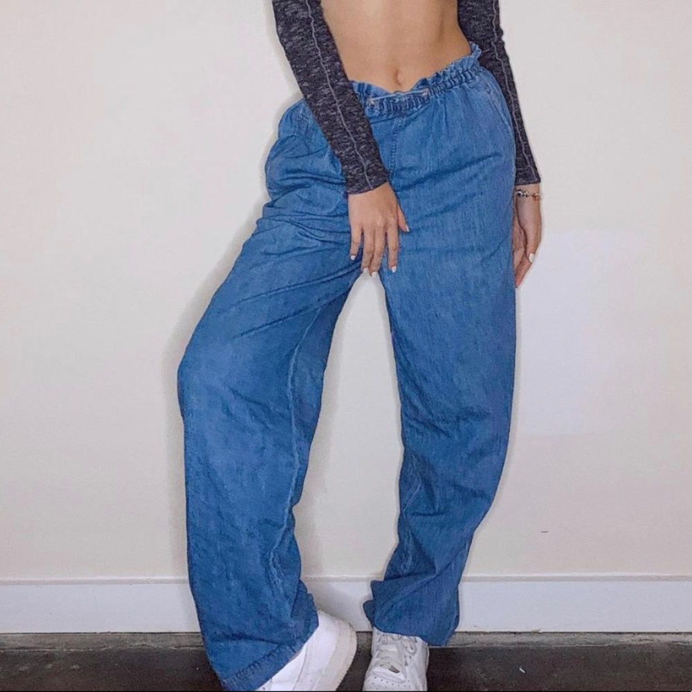 Vintage Y2K Baggy Low Rise Blue Jeans With Adjustable Waist Straps